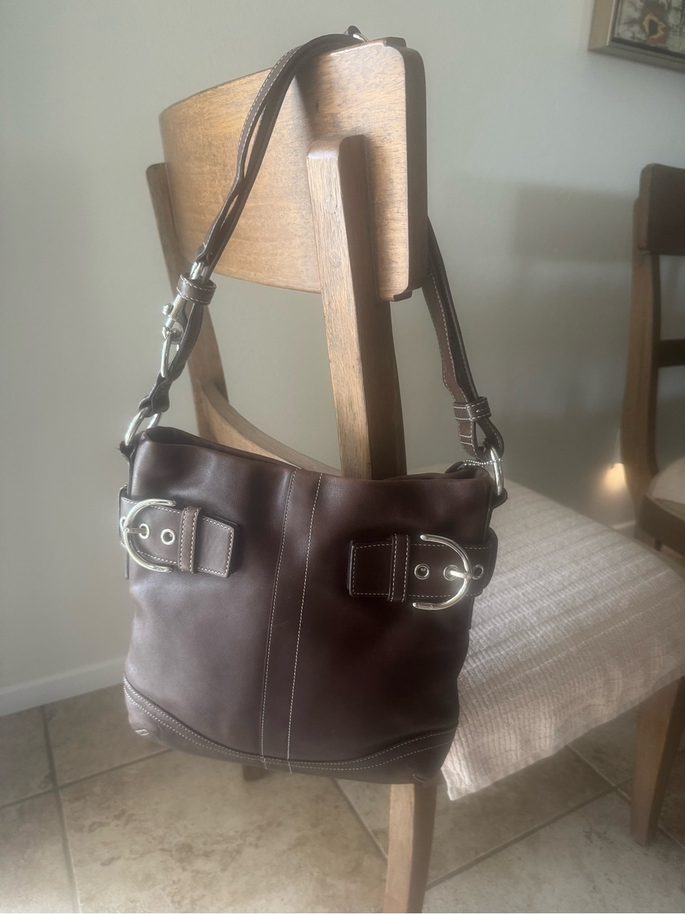 Coach Dark Brown Leather Shoulder Bag with Silver Buckle Hardware